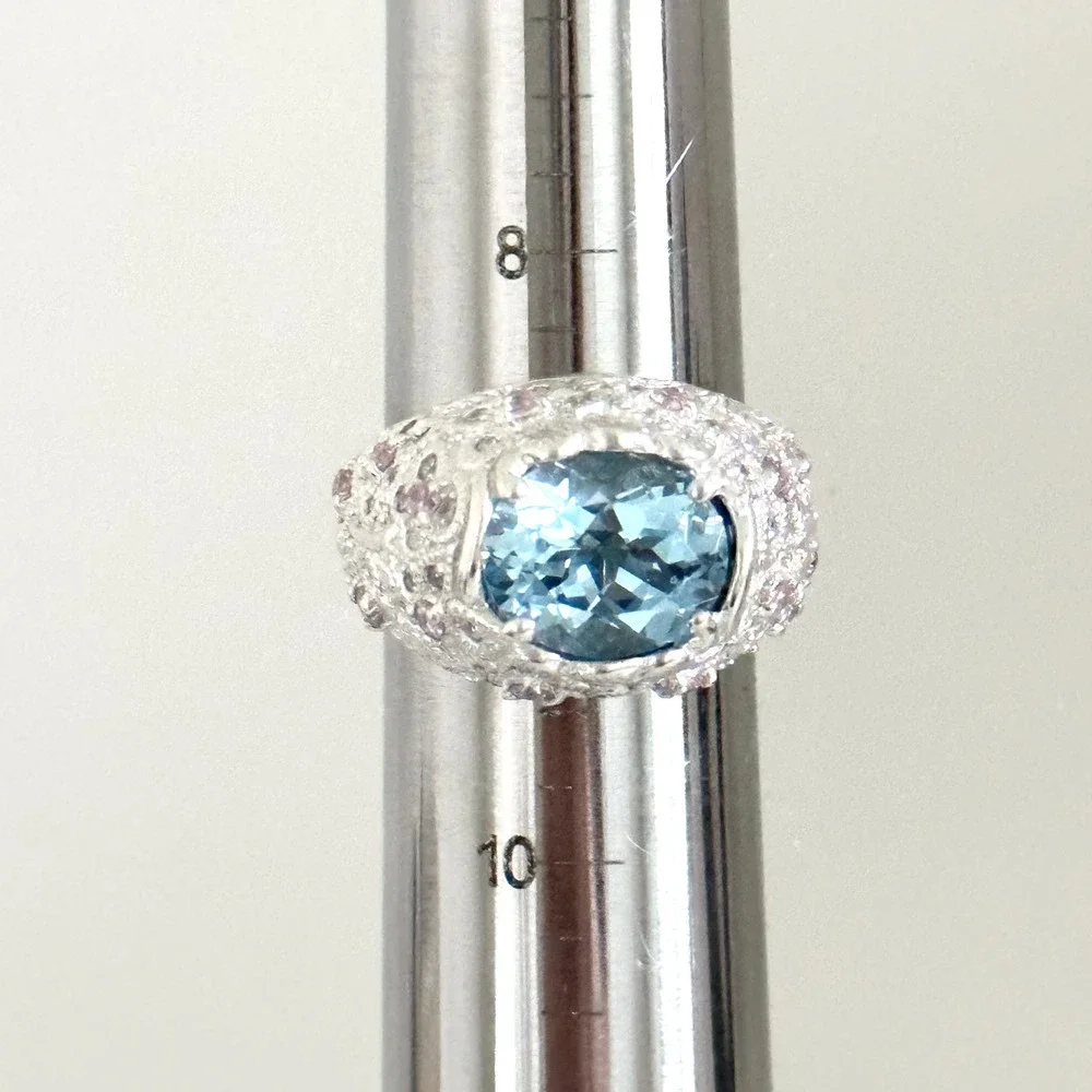 David Sigal 925 Sterling Silver Genuine Blue Topaz Pink CZ Statement Ring Size 9